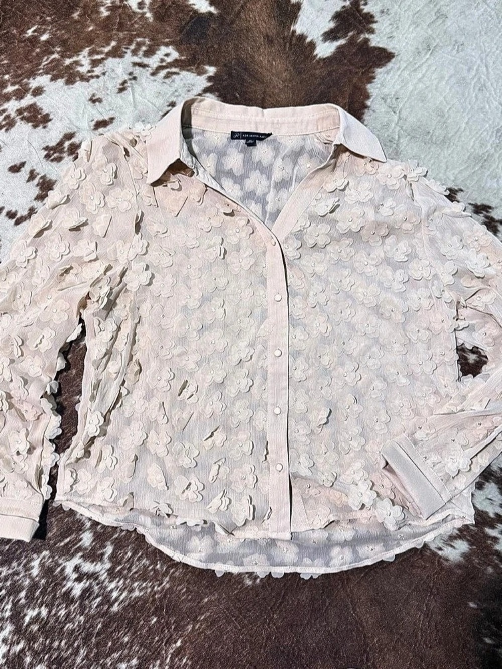 Adrianna Papell 3D Floral Appliqué Long Sleeve Top Floral Button Front Blouse in
